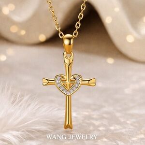 18k Gold Plated ,S925 sterling Cross & Heart Necklace Simulated Diamonds